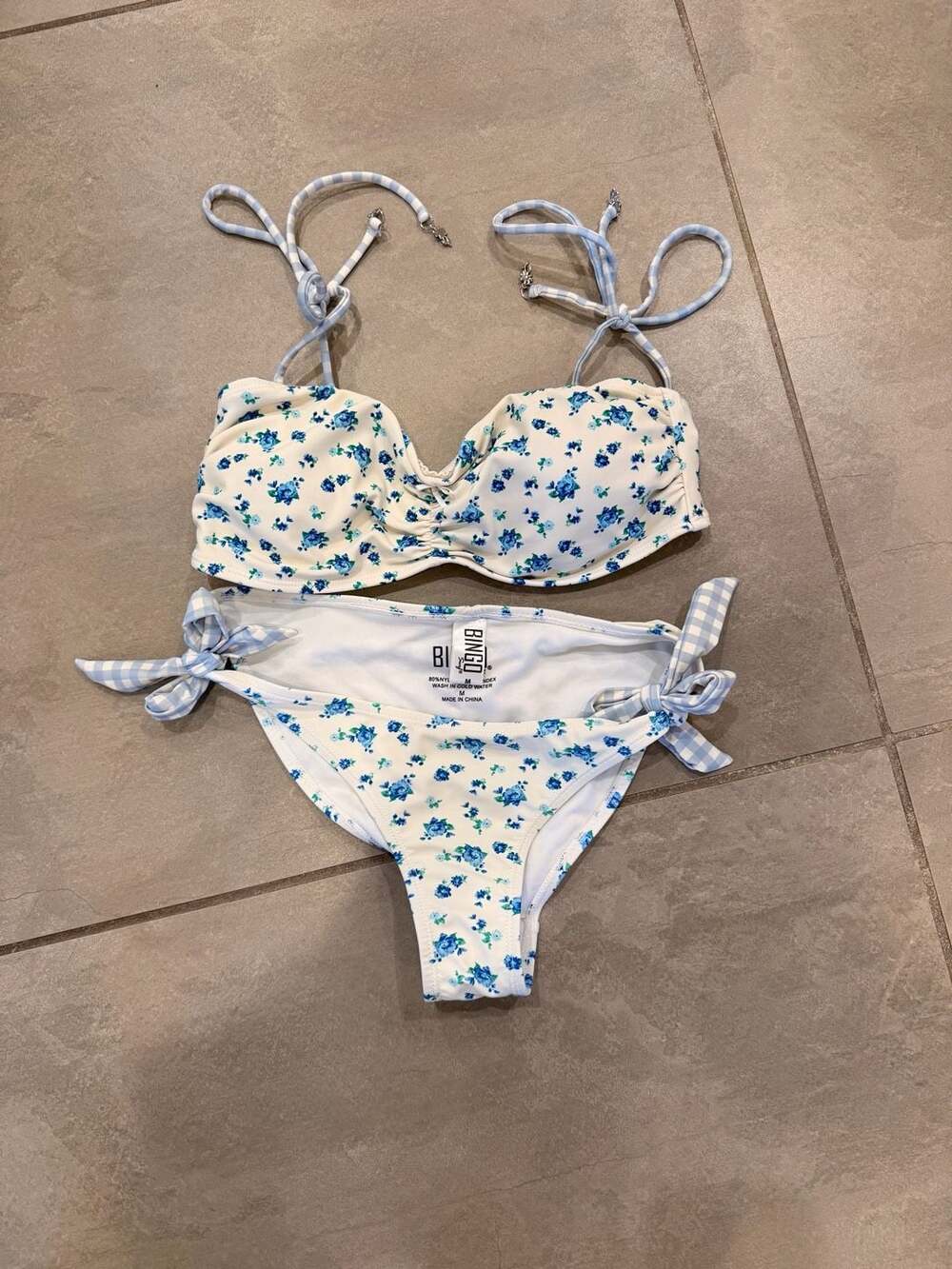 Bingo Surf Floral Print and Gingham Tie-Side Bikini Set